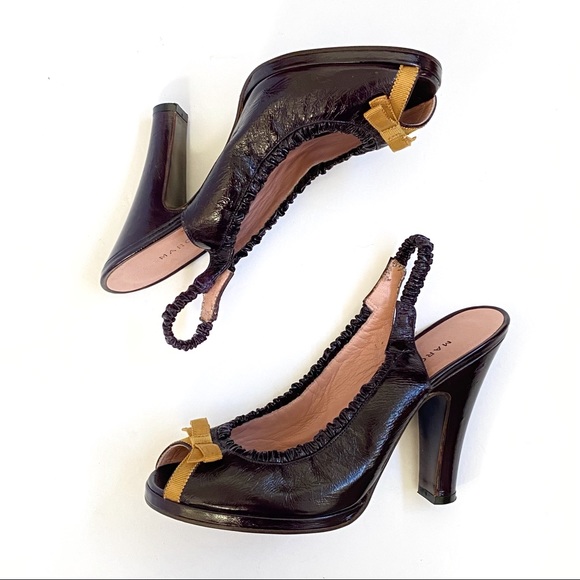 Marc Jacobs purple patent leather yellow gold bow peep toe slingback chunky heel - Picture 5 of 11